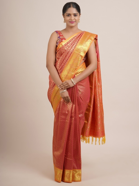 

Pothys Pink & Gold-Toned Woven Design Beads and Stones Pure Silk Saree