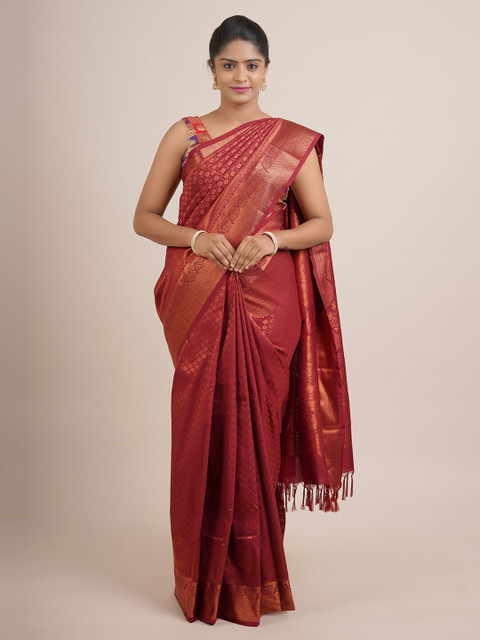 

Pothys Maroon & Gold-Toned Woven Design Zari Pure Silk Saree