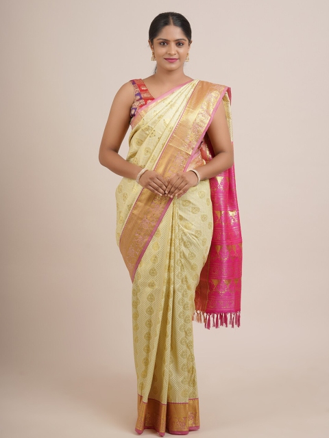 

Pothys Cream-Coloured & Magenta Ethnic Motifs Zari Pure Silk Saree
