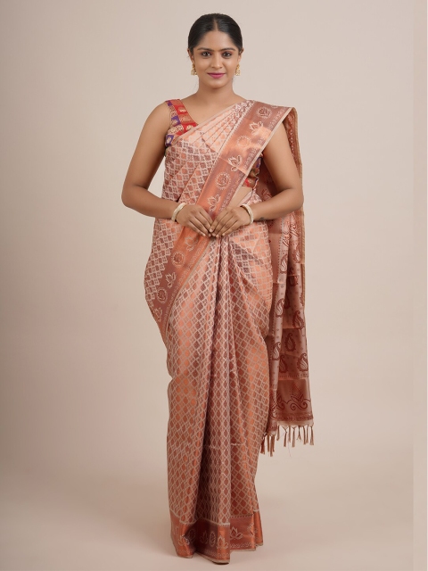

Pothys Copper-Toned & Grey Woven Design Beads and Stones Pure Silk Saree