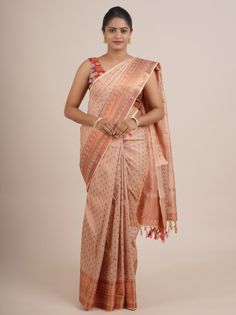 

Pothys Cream-Coloured & Copper-Toned Woven Design Zari Pure Silk Saree