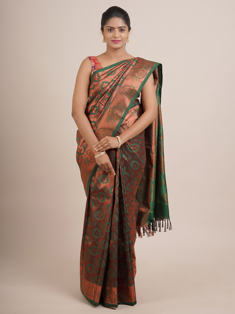 

Pothys Green & Rose Gold-Coloured Ethnic Motifs Pure Silk Saree