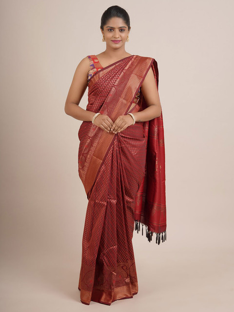 

Pothys Maroon & Gold-Toned Woven Design Zari Pure Silk Saree