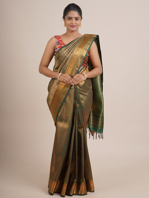 

Pothys Green & Golden Ethnic Motifs Zari Pure Silk Saree