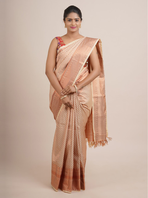 

Pothys Cream-Coloured & Copper-Toned Floral Zari Pure Silk Saree