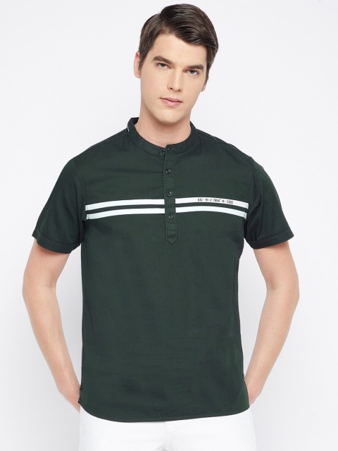 

Octave Men Green & White Striped Henley Neck Pure Cotton T-shirt