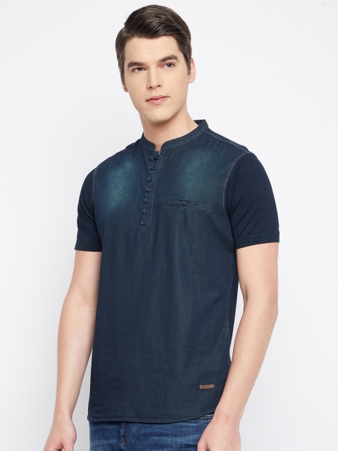 

Octave Men Navy Blue Solid Mandarin Collar Denim Kurta T-shirt