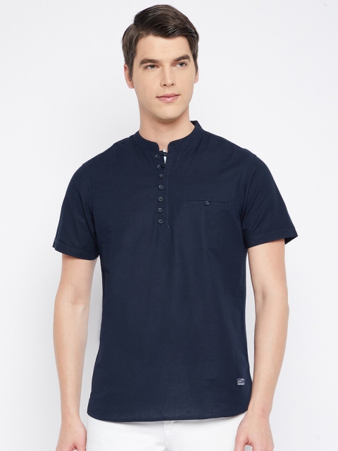 

Octave Men Navy Blue Mandarin Collar Solid Cotton T-shirt