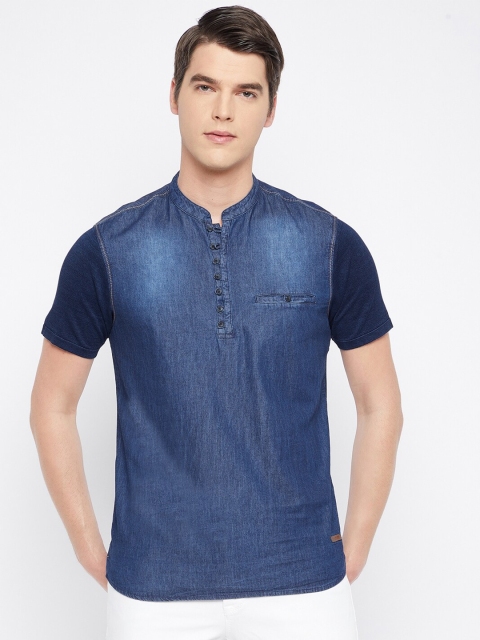 

Octave Men Blue Mandarin Collar Regular Fit Denim Cotton T-shirt