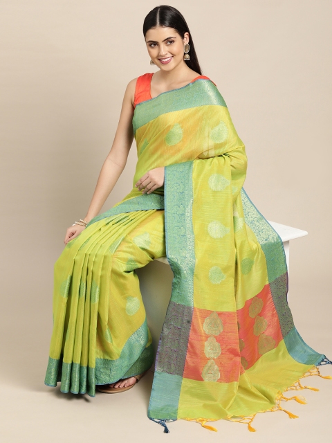 

Pothys Green & Orange Ethnic Motifs Woven Design Jute Silk Saree