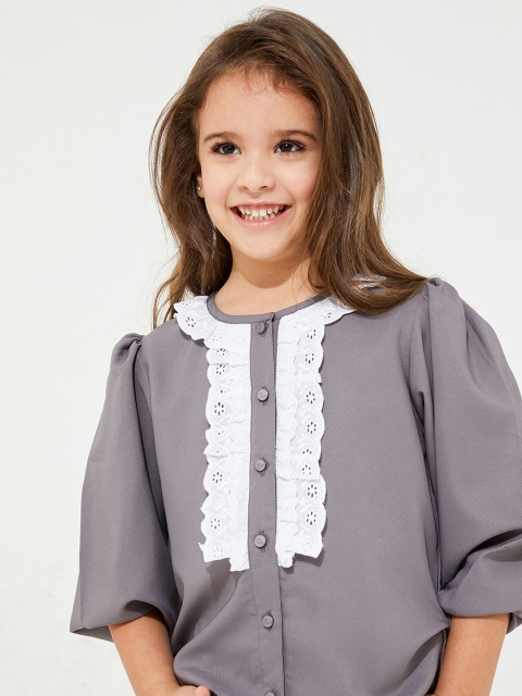 

Cherry Crumble Girls Grey Solid Lace Insert Night suit