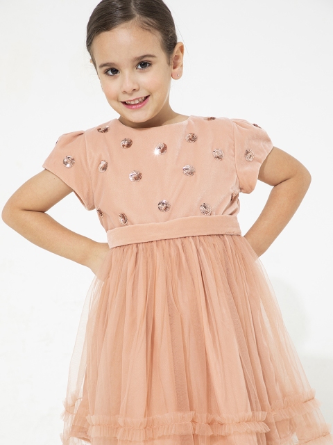 

Cherry Crumble Girls Peach-Coloured Solid Velvet Sequinned A-Line Dress