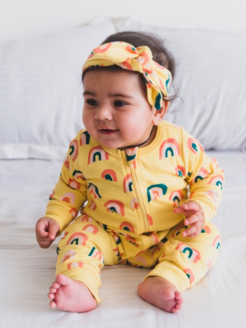 

Mamas Boo Infants Yellow & Orange Printed Cotton Sustainable Sustainable Rompers