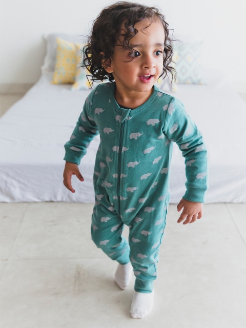 

Mamas Boo Infant Kids Green Elephant Printed Zipper Romper