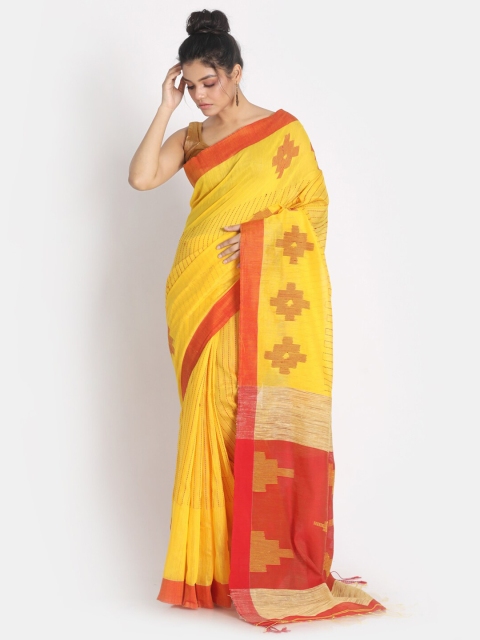 

Aryavart Yellow & Red Striped Pure Cotton Saree