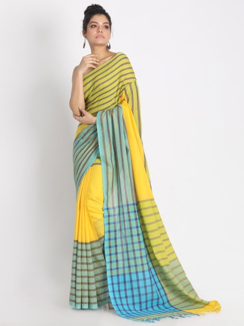

Aryavart Yellow & Blue Striped Pure Cotton Saree