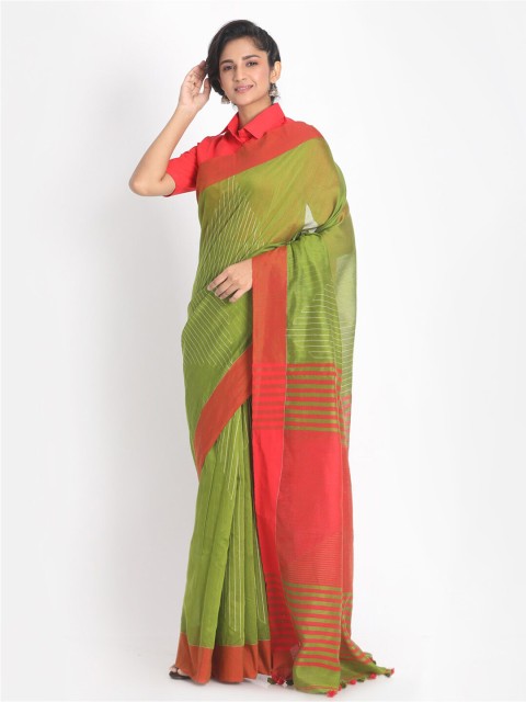 

Aryavart Olive Green & Fuchsia Striped Pure Cotton Saree
