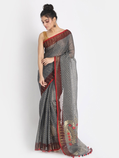 

Aryavart Grey & Red Woven Design Zari Pure Jamdani Cotton Saree