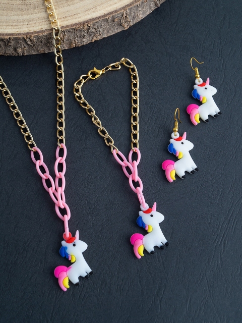 

Golden Peacock Girls Pink & Gold-Toned Unicorn Charm Jewelry Set