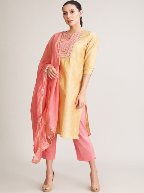 

BARARA ETHNIC Women Yellow Yoke Design Pleated Pure Cotton Kurta with Trousers & Dupatta