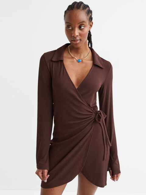 

H&M Brown Solid Collared Wrap Dress