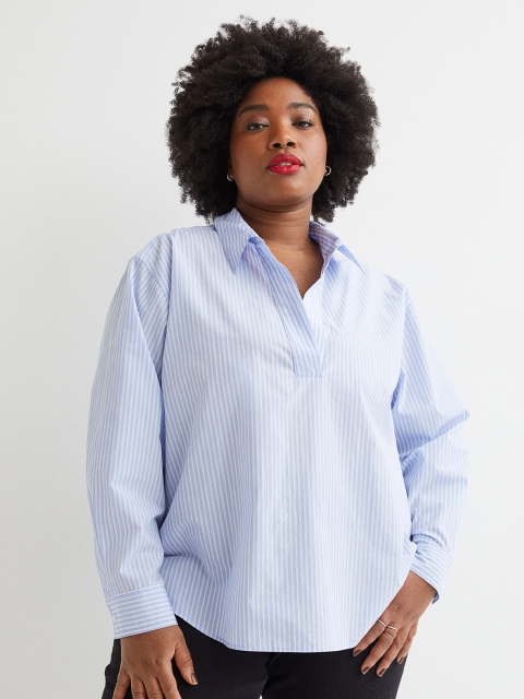 

H&M+ Women Plus Size Blue Linen-Blend Shirt