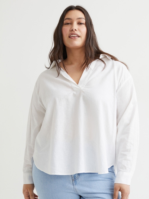 

H&M Women Plus Size White Relaxed-Fit Linen-Blend Shirt