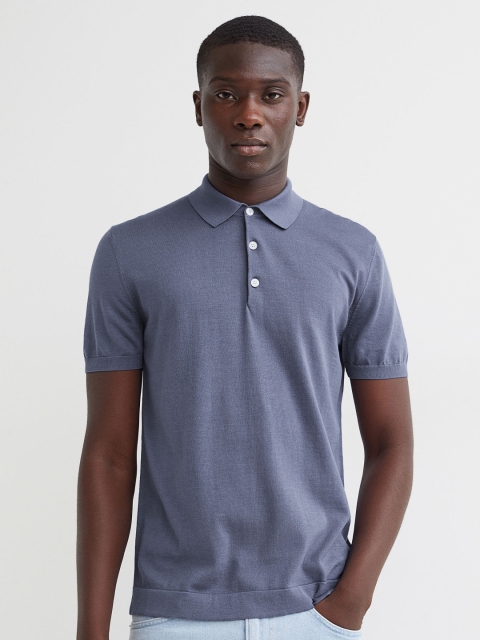 

H&M Men Blue Slim Fit Silk-Blend Polo T-Shirt