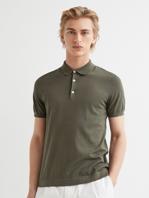 

H&M Men Green Solid Slim Fit Silk-Blend Polo Shirt