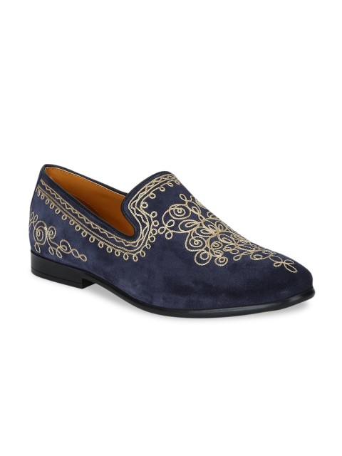 

DEL MONDO Men Navy Blue Ethnic Embellished Suede Loafers