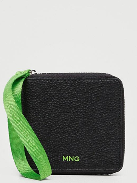 

MANGO Women Black & Green Solid Zip Around Wallet