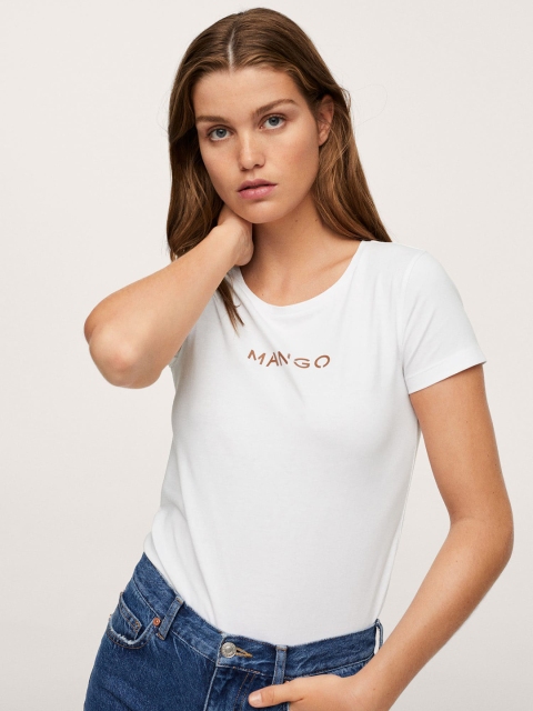 

MANGO Women White Brand Logo Printed Pure Cotton T-shirt