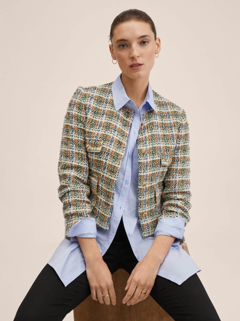 

MANGO Women Brown & Green Tweed Checked Open Front Jacket