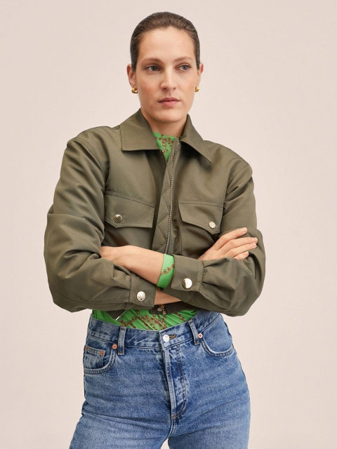 

MANGO Women Olive Green Solid Crop Tailored Jacket