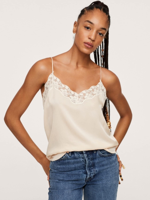 

MANGO Women Beige Lace Inserts Top