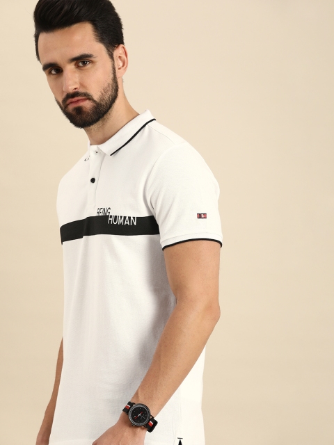 Being Human Men White & Black Colourblocked Polo Collar Pure Cotton Casual T-shirt