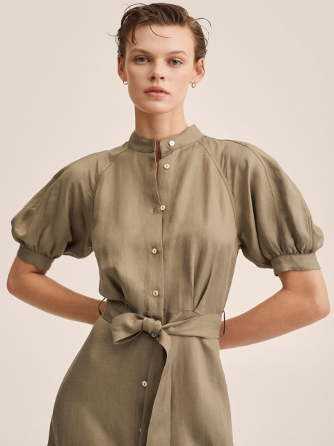 

MANGO Women Olive Green Solid Mandarin Collar Button Down Puff Sleeves A-Line Midi Dress