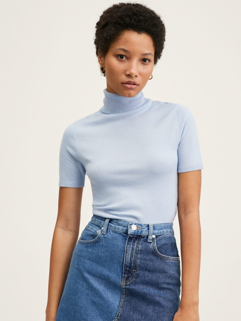 

MANGO Women Blue Solid Short Sleeves Pullover