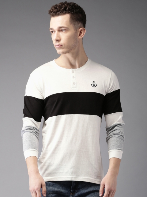 

Moda Rapido Men White & Black Colourblocked Henley Neck T-shirt