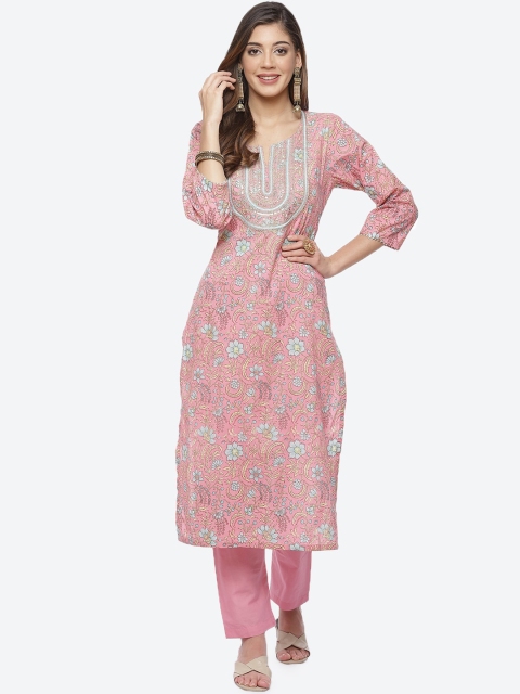 

Meena Bazaar Pink Floral Printed Pure Cotton Kurta with Trousers