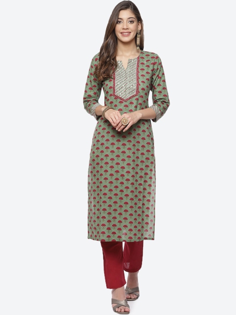 

Meena Bazaar Women Green Ethnic Motifs Printed Pure Cotton Kurta with Trousers
