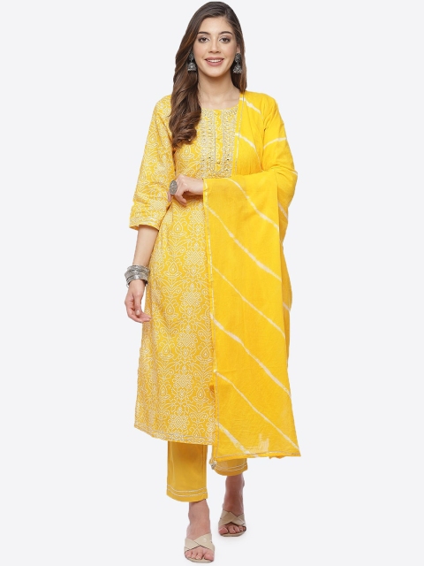 

Meena Bazaar Women Yellow Bandhani Printed Pure Cotton Kurta With Trousers & Dupatta