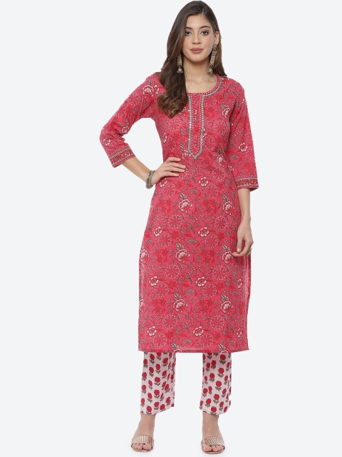

Meena Bazaar Women Fuchsia Floral Printed Pure Cotton Straight Kurta with Trousers