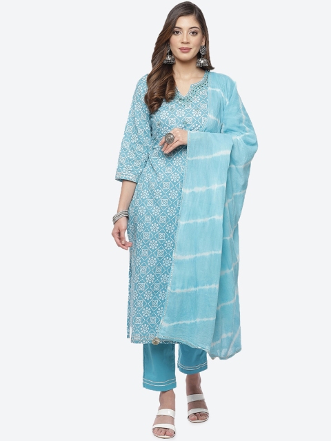 

Meena Bazaar Blue Bandhani Printed Gotta Patti Cotton Kurta with Trousers & Dupatta