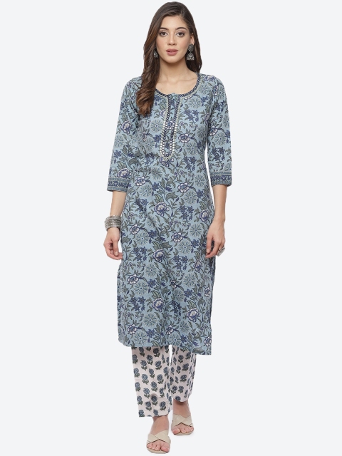 

Meena Bazaar Women Blue Floral Printed Regular Pure Cotton Kurta With Trousers