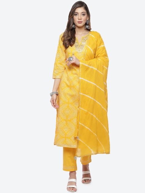 

Meena Bazaar Yellow Bandhani Gotta Patti Cotton Kurta with Trousers & Dupatta