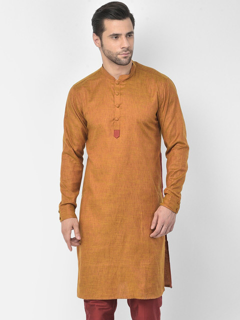 

DEYANN Men Mustard Yellow & Red Solid Kurta with Trousers