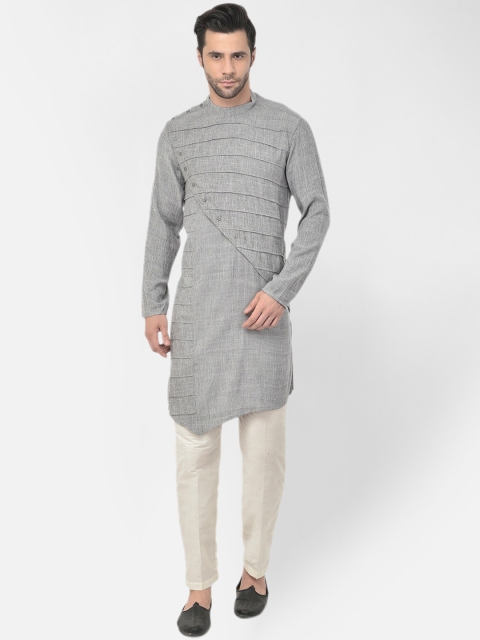 

DEYANN Men Grey & Off-White Pin-Tuck Angrakha Kurta with Trousers