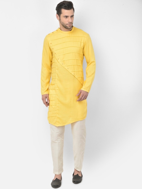 

DEYANN Men Yellow & Off-White Pin-Tuck Angrakha Kurta with Trousers