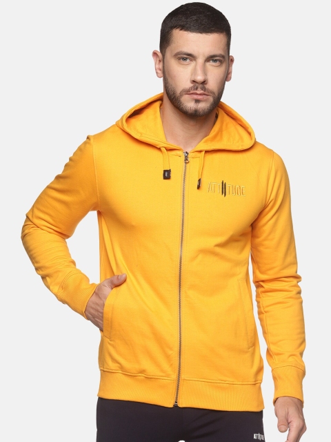 

ATTIITUDE Men Yellow Pure Cotton Hooded Sweatshirt